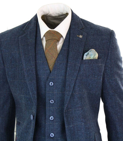 Mens 3 Piece Navy Blue Tweed Herringbone Vintage Classic Suit