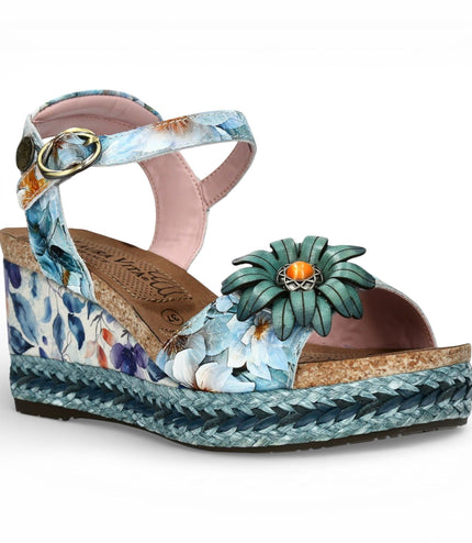 Laura Vita Women's Facyo 75 Blue Floral Leather Wedge Espadrille Sandals