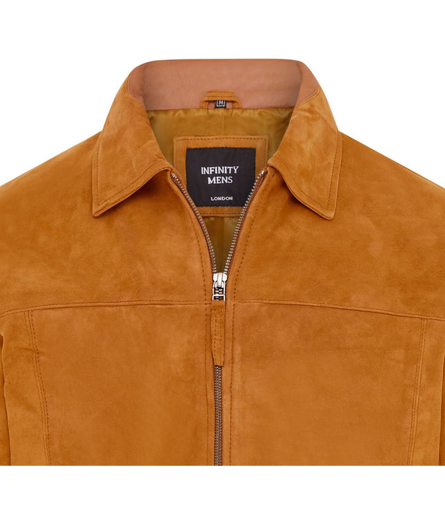 Mens Retro Brown 100% Goat Suede Leather Harington Biker Jacket - Tan