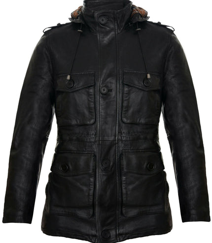 Mens Leather Hooded Trench Coat-Medellin - Black