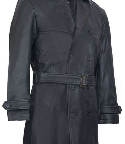 Mens Black Leather Trench Coat-Memphis