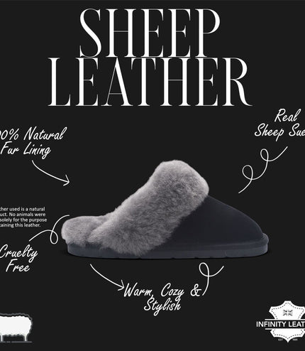 Women's Genuine Sheepskin Black Suede Mule Winter Slippers - Luna