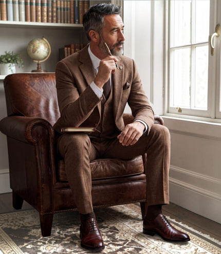 Men's Brown 3 Piece Tweed Herringbone Formal Suit -  IM4