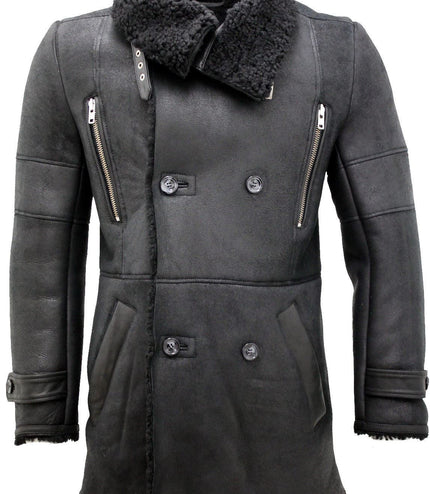 Mens Double Breasted Sheepskin Reefer Coat-Candon