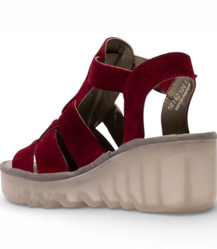 Fly London Women's BAIC621FLY Berry Red Suede Leather Wedge Sandals