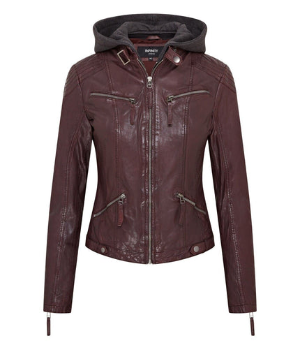 Womens Hooded Classic Biker Jacket - Brazzaville - Burgundy