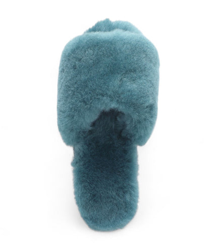 Women's Sheepskin Slippers Teal Warm Winter Fur Sliders - Nordic