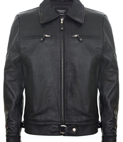Mens Black Cowhide Leather Harrington Jacket-Geneva