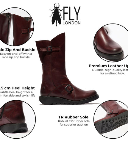 Fly London Womens Wine Mes 2 Wedge Heel Buckle Mid-Calf Leather Zip Platform Boots