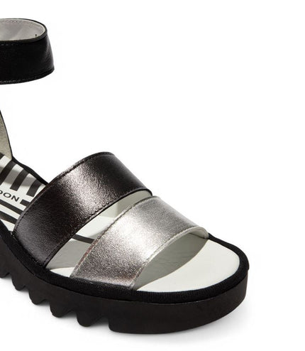 Fly London Women's Bono290Fly Silver Black Idra Leather Wedge Sandals