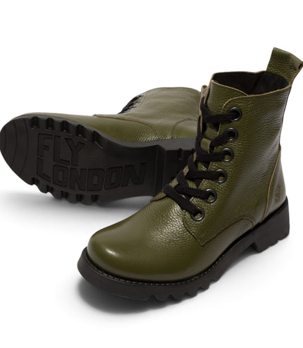 Fly London Womens Military Green Leather Lace-Up Heeled Ankle Boots - RAMY488