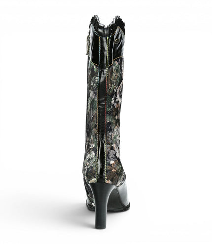 Laura Vita Floral Womens Goth Victorian Black Leather Heeled High Boots - Alcbane-351