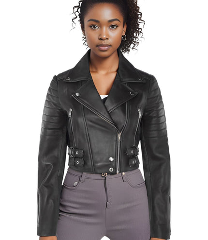 Womens Cropped Brando Leather Biker Jacket-Damascus - Black