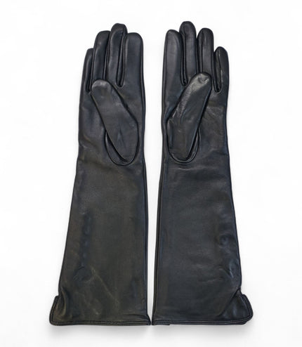 Womens Long Black Italian Leather Winter Button Design Soft Wool Lining Gloves - L-GLV-201