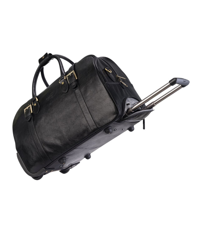 Genuine Leather Black Wheeled Holdall Duffle Travel Cabin Bag - Holt
