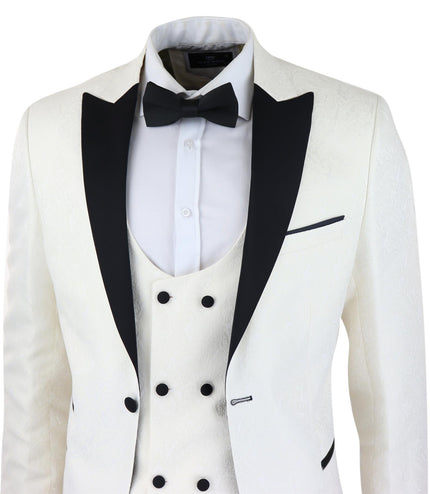 Mens Beige Tuxedo Blazer Waistcoat Brocade Ivory Satin Paisley Dinner Jacket