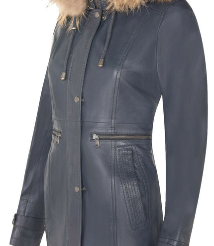 Womens Warm Leather Hooded Parka Jacket-Northwich - Navy