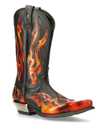 New Rock Flame Accented Black/Red Mid-Calf Cowboy Boots -7921-S2