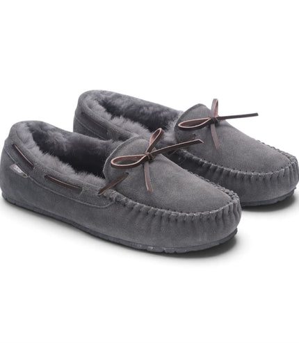 Men’s Grey Genuine Sheepskin Moccasin Winter Slippers - Flint
