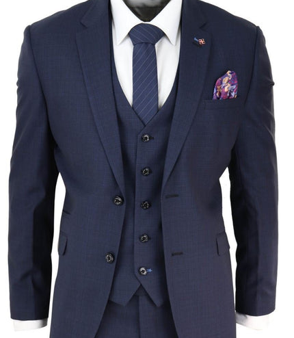 Mens 3 Piece Navy Blue Tailored Fit Retro Classic Suit