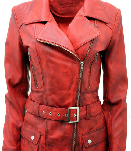 Womens Long Leather Biker Jacket-Quito - Red