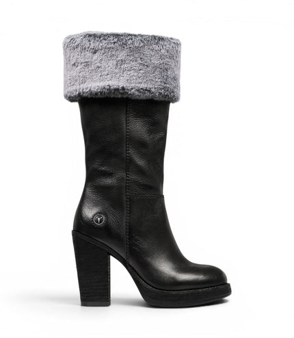 Windsorsmith Womens Mid Calf Black Leather High Heel Fur Boots - Lovestruck