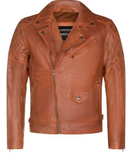 Mens Cross Zip Leather Biker Jacket - Gibraltar - Tan