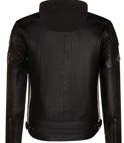 Mens Racing Hooded Leather Biker Jacket-Detroit - Black