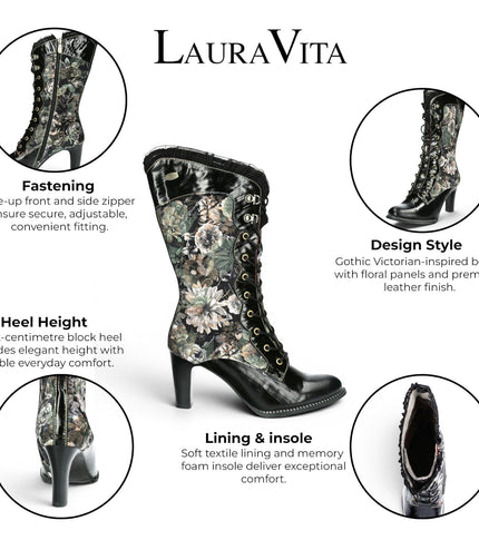 Laura Vita Floral Womens Goth Victorian Black Leather Heeled High Boots - Alcbane-351
