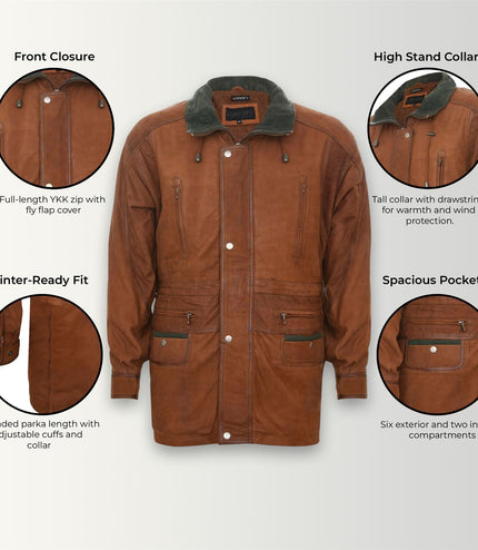 Mens Nubuck Leather Parka Coat-Winnipeg - Tan