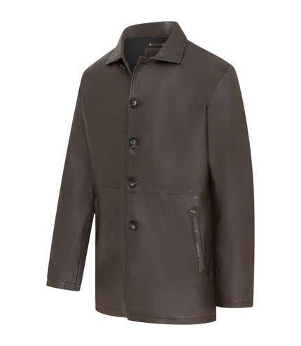 Men's Brown Leather Long Collared Car Coat Jacket - Berry