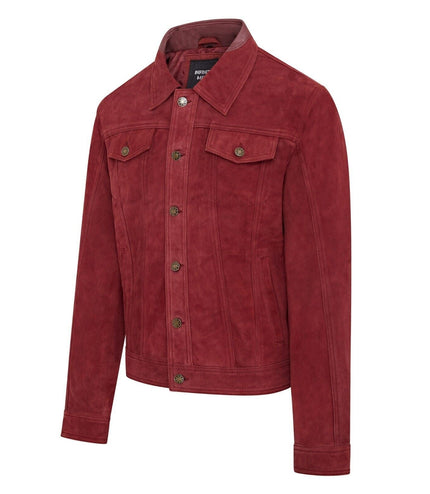 Mens Trucker Goat Suede Western Leather Jeans Jacket - Yangon - Burgundy