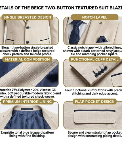 Men's Cream Checked Tailored Fit Suit - Regent