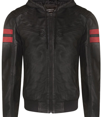 Mens Leather Hooded Retro Bomber Jacket - Skopje - Black