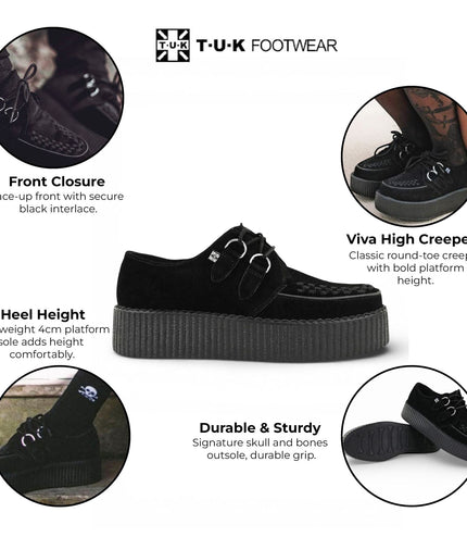 TUK Viva High Creeper Black Suede Platform Lace-Up Goth Shoes - AV7757