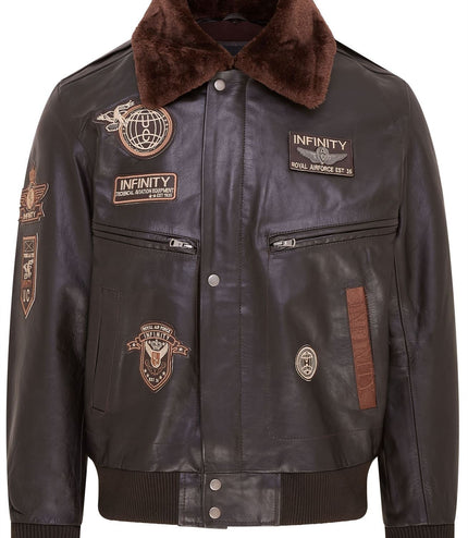 Mens Leather Bomber Jacket Air Force Badge Pilot Flying US Aviator Jacket - Brown
