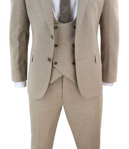 Mens Tweed 3 Piece Beige Formal Wedding Suit