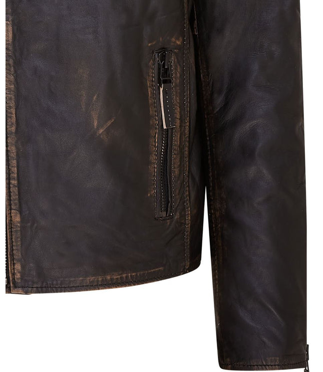 Mens Slim Fit Brando Style Double Cross Zip 100% Leather Biker Jacket - Vintage Black