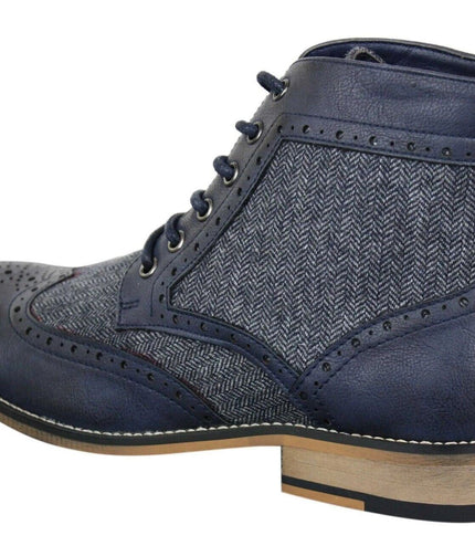 Mens Classic Tweed Oxford Ankle Boots In Navy Leather