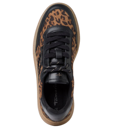 Tamaris Womens Leopard Black Leather Fashion Stripe Lace Up Sneakers