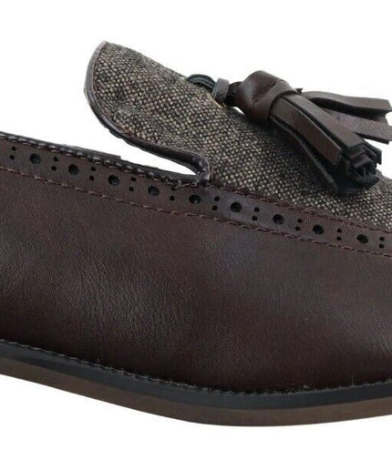 Mens Tasselled Brown Leather Tweed Brogue Slip On Loafers