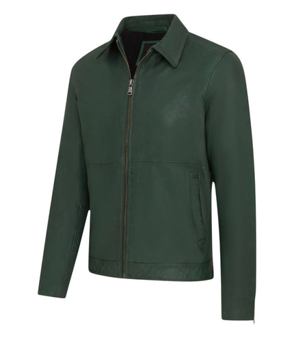 Mens Leather Green Harrington Collar Biker Jacket - Alpha