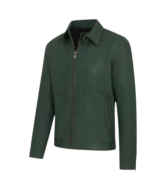 Mens Leather Green Harrington Collar Biker Jacket - Alpha