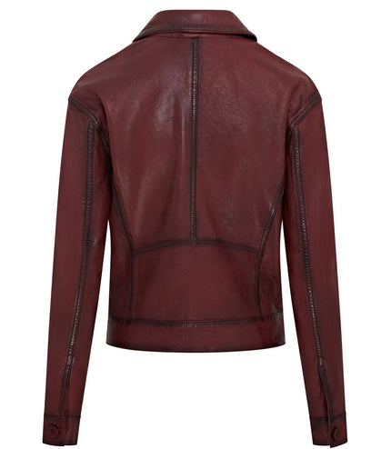 Womens Vintage Classic Lamb Leather Collared Biker Jacket - Ox Red