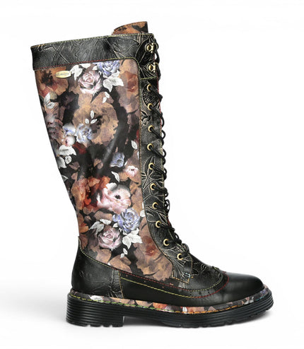 Laura Vita Women's Maroon Gothic Victorian Floral Black Leather Knee-High Lace-Up Boots - Incaso-50