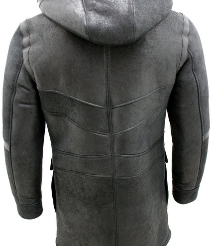 Mens Winter Sheepskin Leather Hooded Duffle Coat-Montpellier