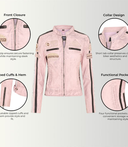 Womens Biker Racing Badges Pink Leather Jacket-Eastleigh