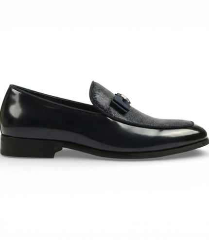 Mens Black Textured Front Iconic Buckle Bow Loafers Shoes