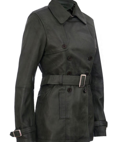 Womens Nappa Leather Trench Coat-Mosul - Green