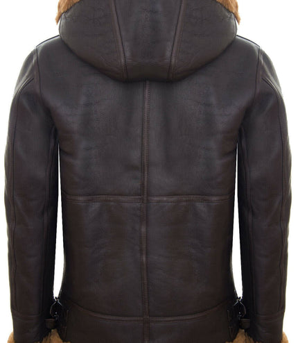 Mens Hooded Sheepskin Leather B3 Flying Jacket-Columbus - Brown Ginger